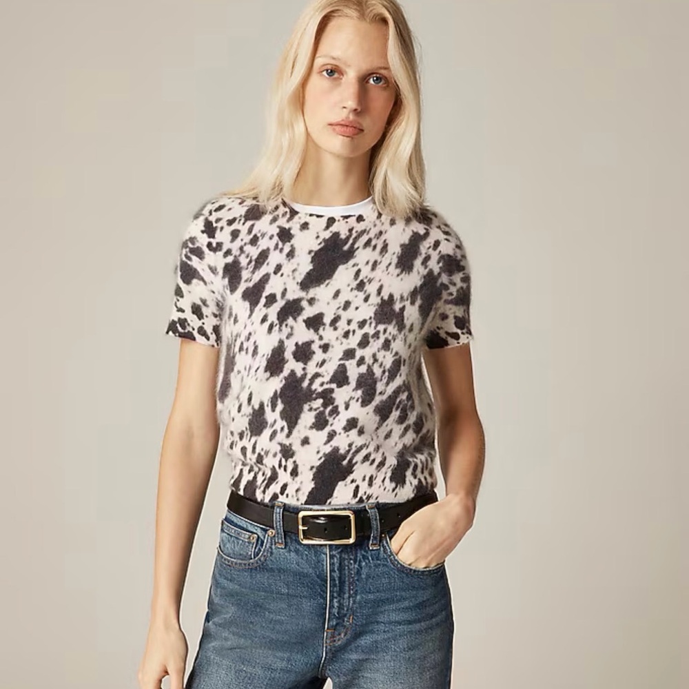 J CREW XS‎ Brushed cashmere T-shirt in cow print CM663